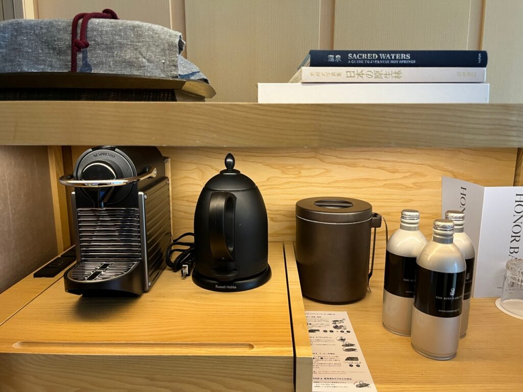 Ritz-Carlton Nikko Nespresso Machine, Hot Water Kettle, Bottled Water
