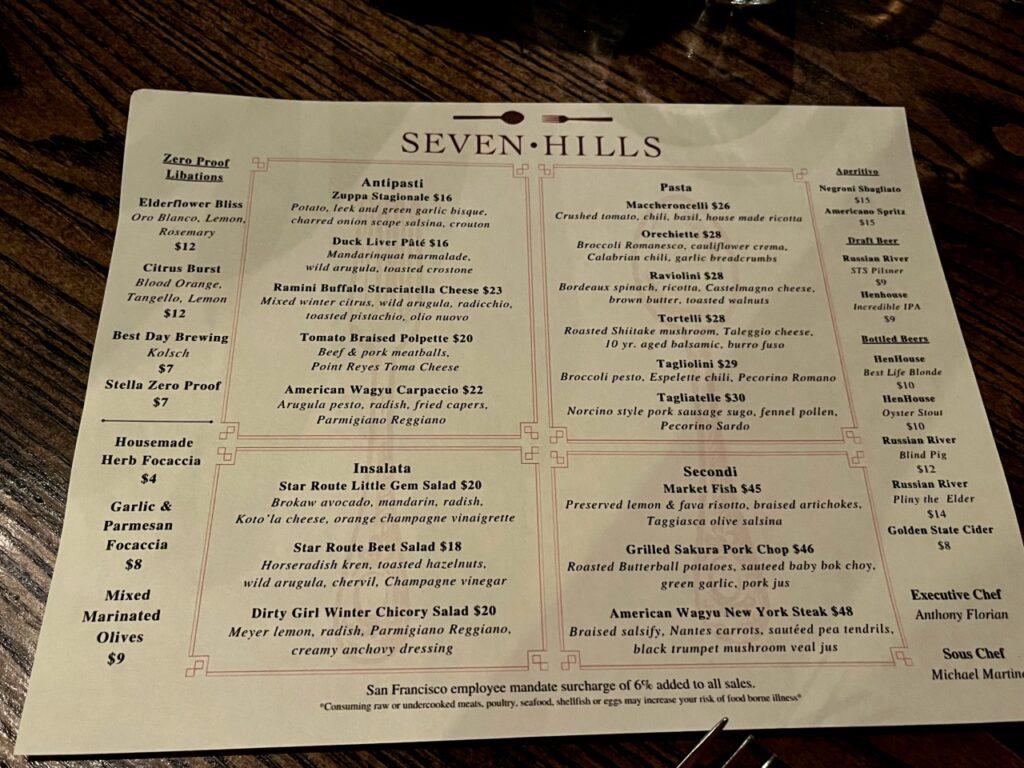 Seven Hills Menu, San Francisco Restaurant Review