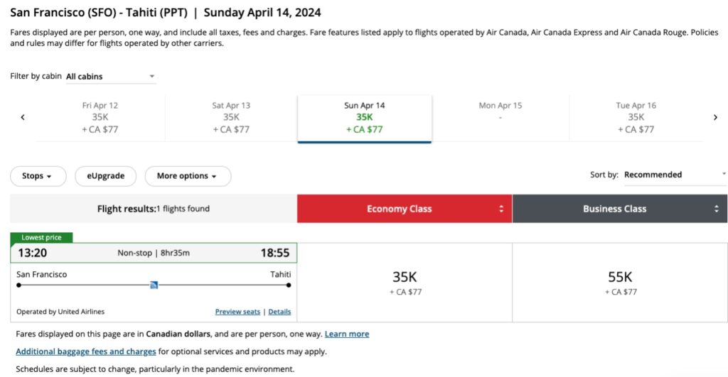 Aeroplan charges less for United Business Class award space