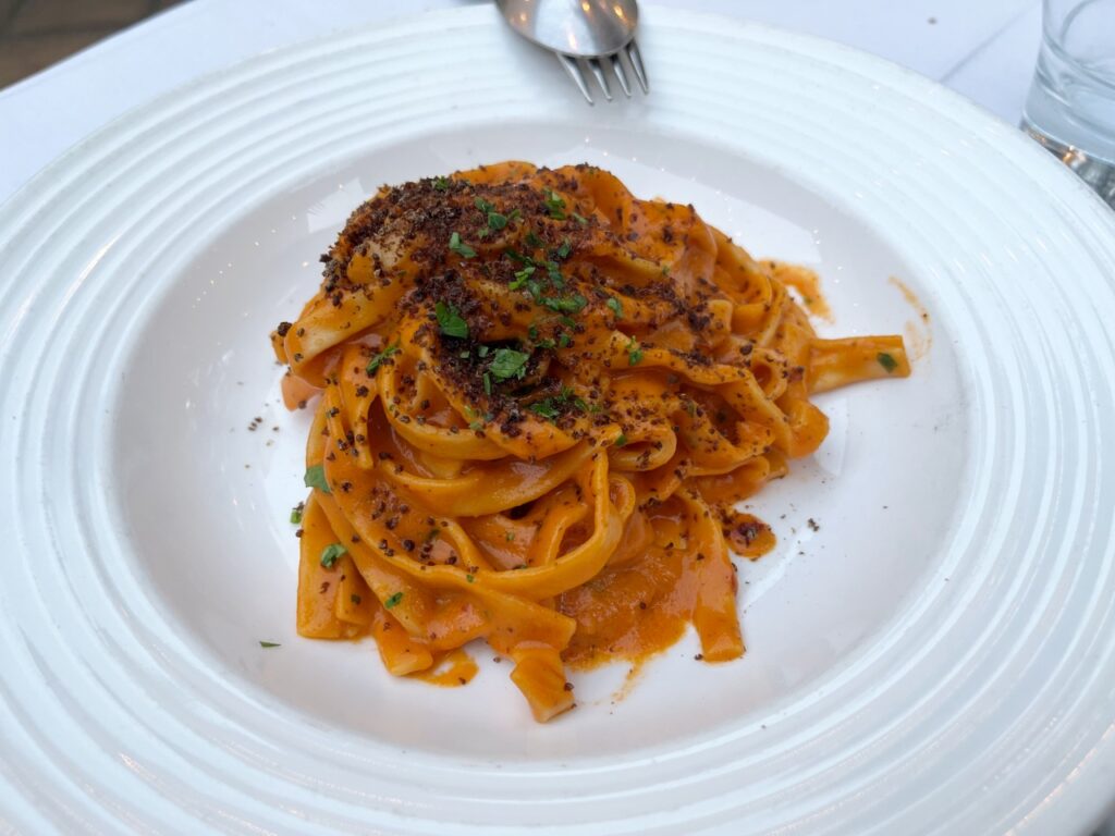 Pasta Longa cun Arrizonis (Artisanal Fettucine with a rich sea urchin sauce and tomato-cured tuna heart) at La Ciccia Restaurant, San Francisco