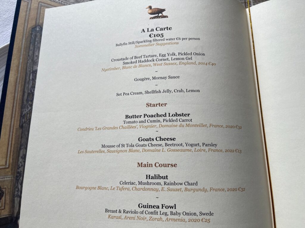 Ballyfin Restaurant Menu (A La Carte)