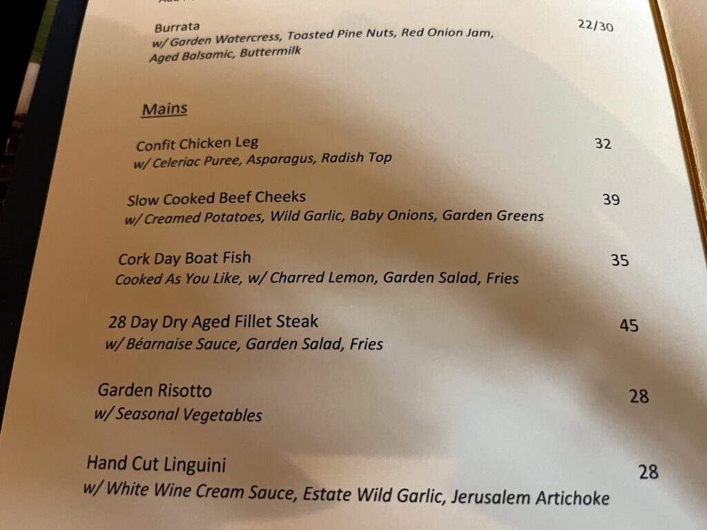 Ballyfin Cellar Bar Menu