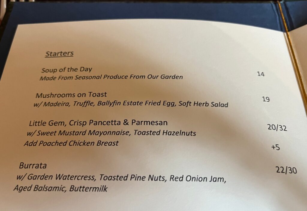 Ballyfin Cellar Bar Menu