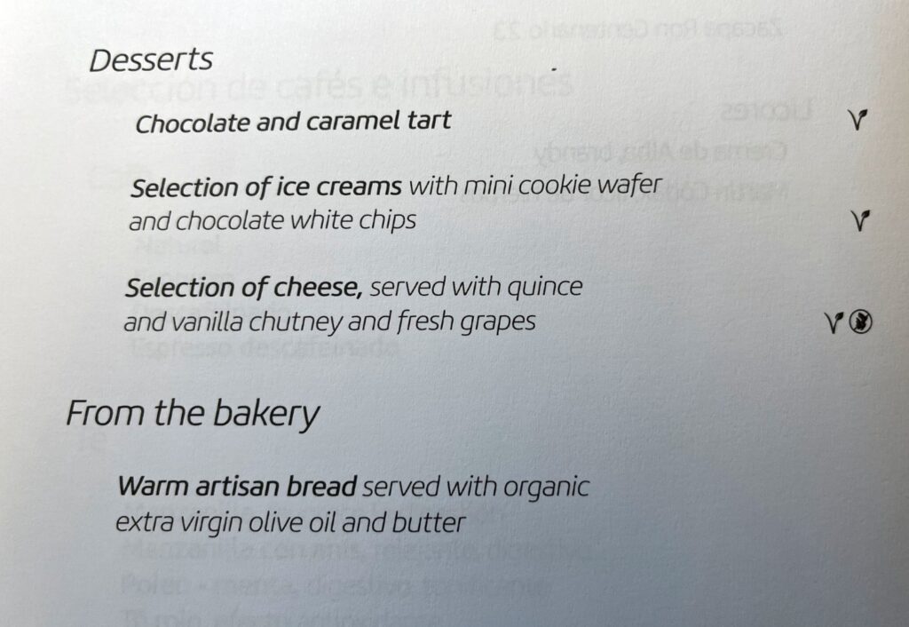 Iberia Business Class Menu