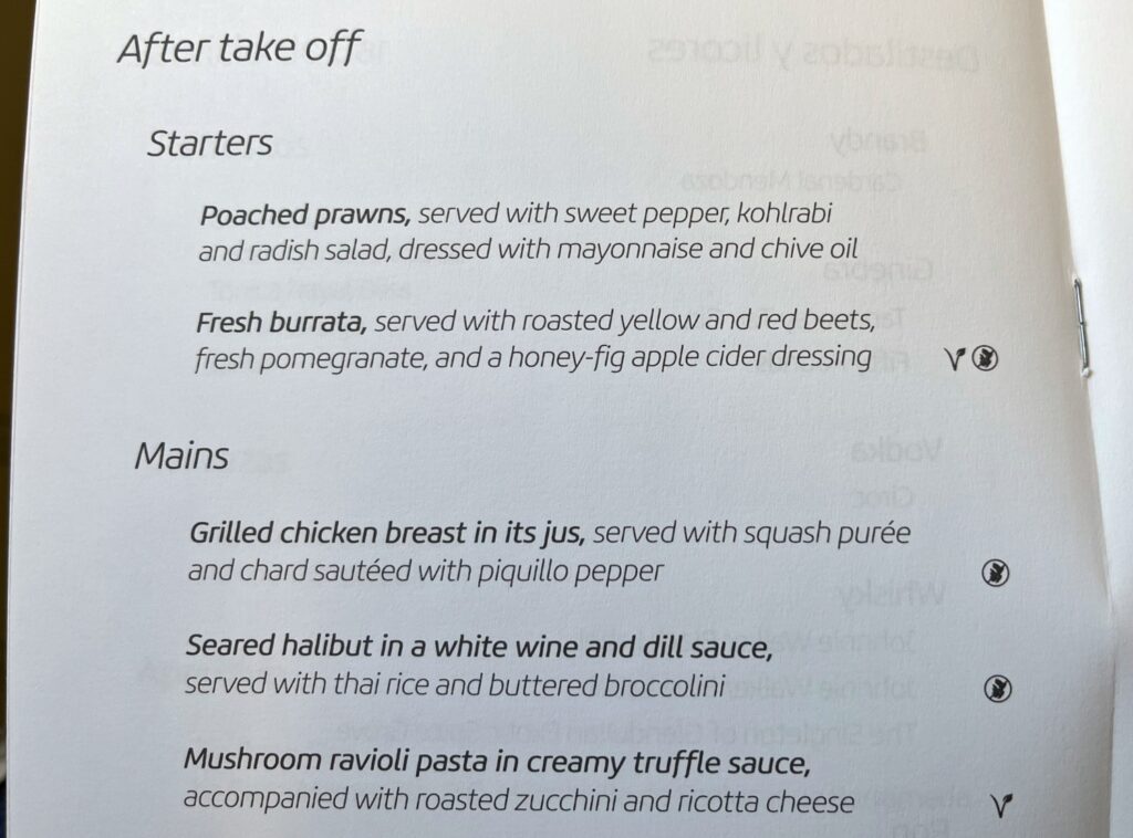 Iberia Business Class Menu