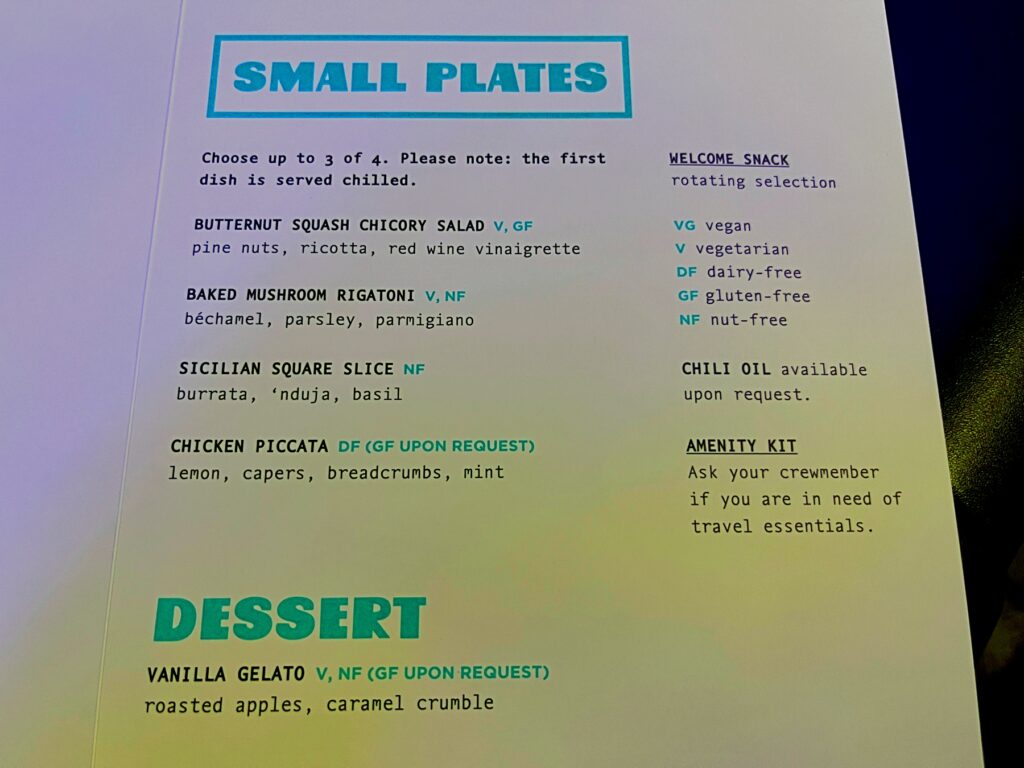 JetBlue Mint Small Plates Menu