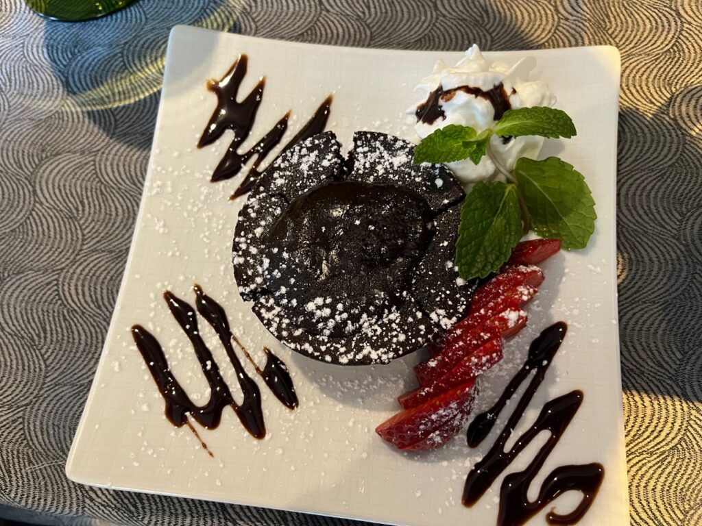 Molten chocolate cake dessert, Restaurant ANZU brunch review, San Francisco