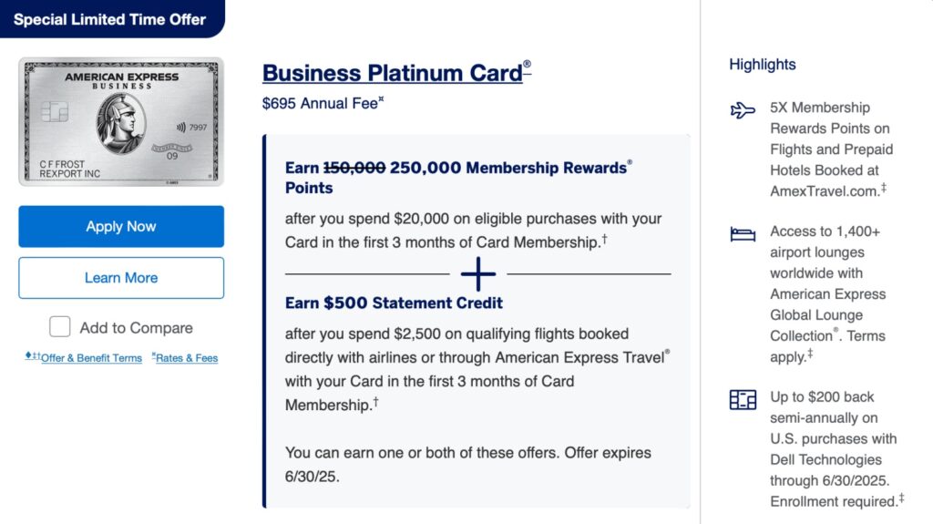 250K AMEX Business Platinum Bonus Offer