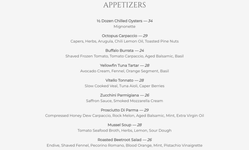 Vita, Rock House Dinner Menu: Appetizers