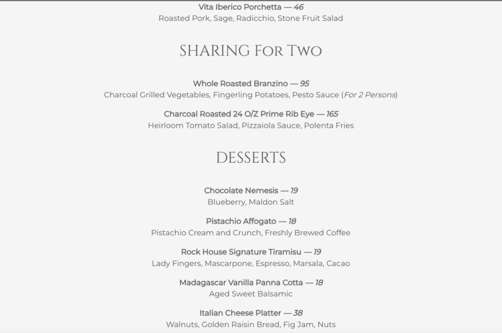 Vita, Rock House Dinner Menu: Sharing Dishes and Desserts