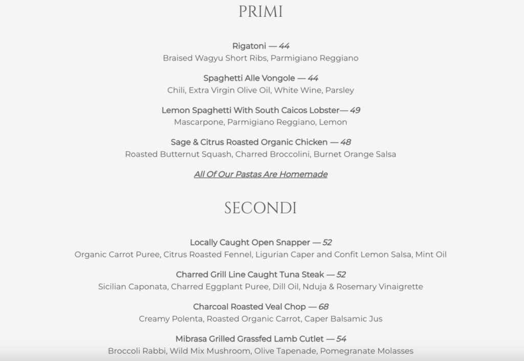 Vita, Rock House Dinner Menu: Main Dishes