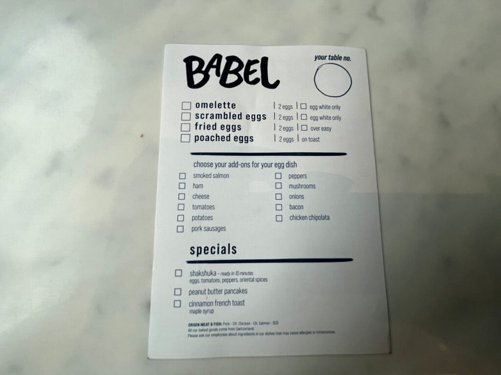 Breakfast Buffet Egg Order Form at Babel Restaurant, Hyatt Regency Zurich Airport The Circle Review