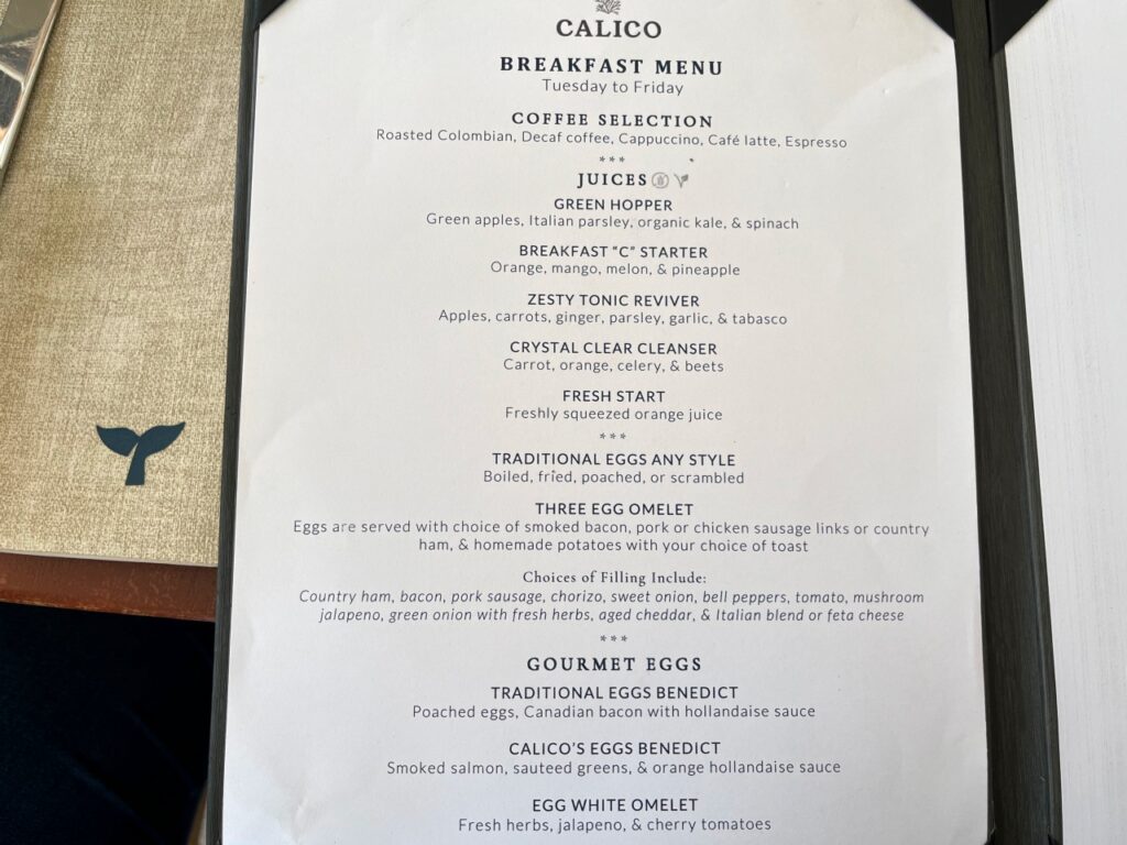 Calico Breakfast Menu, Ambergris Cay, Turks and Caicos Review