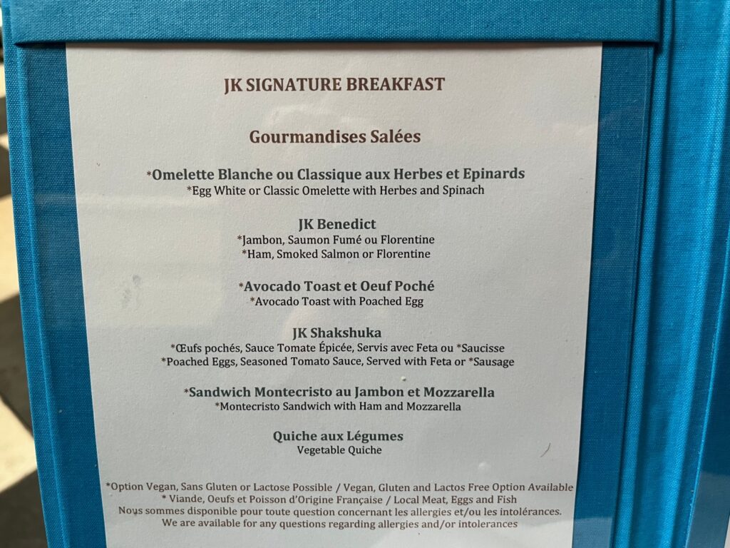 Breakfast Menu, JK Place Paris