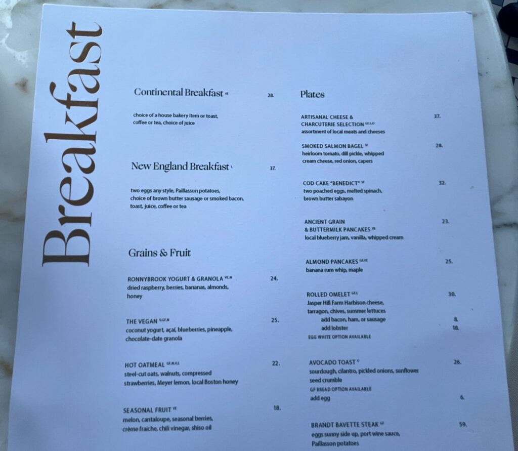 Breakfast Menu, Raffles Boston Hotel